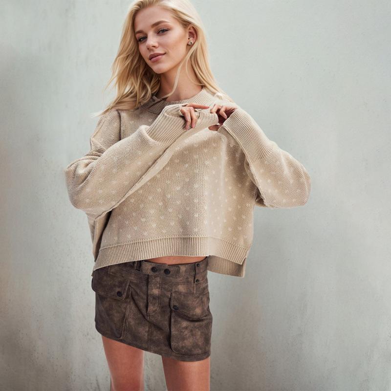 

Женский осенне-зимний пуловер с длинным рукавом и круглым вырезом, вязаный свитер с принтом в виде сердечек, трикотажный топ XL