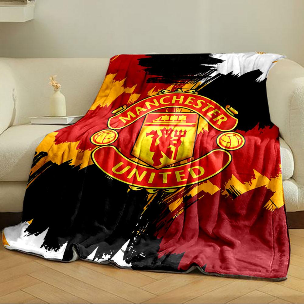 Bold Red, Yellow, Black Brush Strokes with a Central Manchester United Crest. for All Seasons Blanket Lunch Break Throw Gift