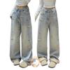 Women's High-Waisted Retro Dachshund Embroidery Wide-Leg Jeans - Slimming, Warm, Plus Velvet, Early Winter Style