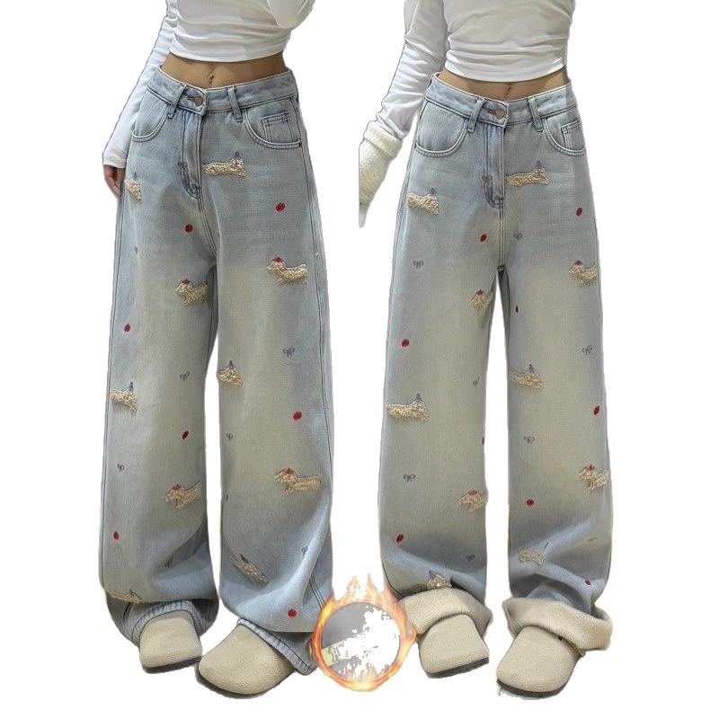 Women's High-Waisted Retro Dachshund Embroidery Wide-Leg Jeans - Slimming, Warm, Plus Velvet, Early Winter Style