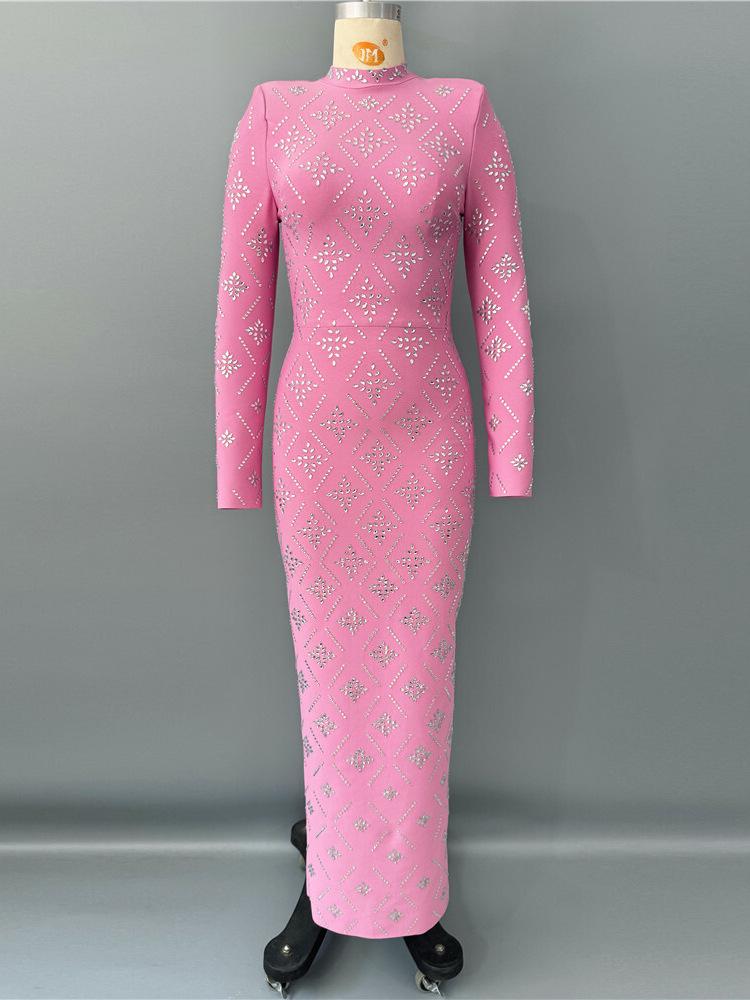 Elegant Western Retro Bandage Dress - Long Sleeve Evening Gown with Hot Drill Detailing