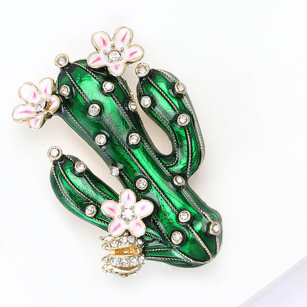 Enamel Crafted Cactus Brooch Including Rhinestones Accent Suitable Various Attires
