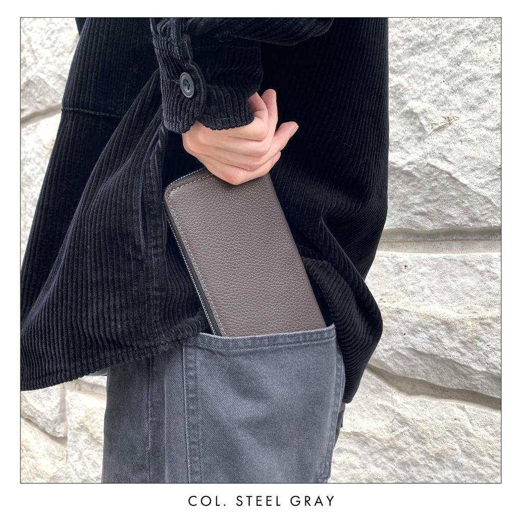 Basic Dandy Embossed Long Wallet for Men and Women, Genuine Leather, Round Zipper, Coin Purse, Card Slots, Long Wallet, Leather Round Wallet, Navy