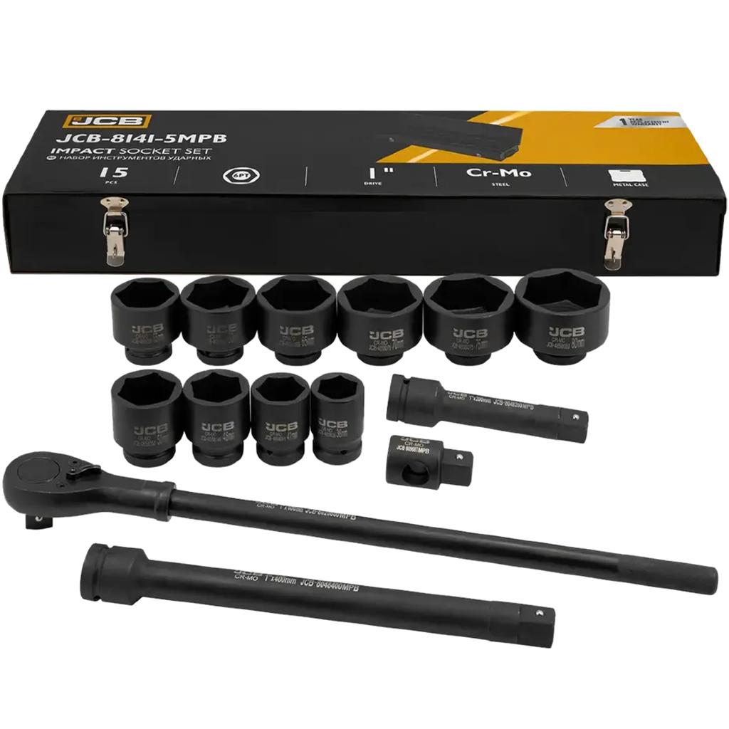 JCB 1" Cr-Mo 6-Point Impact Tool Set 15 Pieces 36-80mm