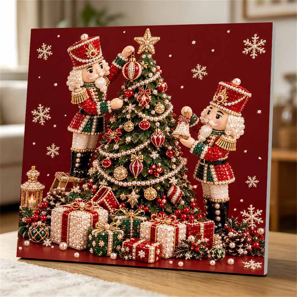 Handmade Framed Pearl Painting Set with Christmas Nutcracker Tree Design 5D Shiny Bead Art Canvas Creative Craft for Room Decor
