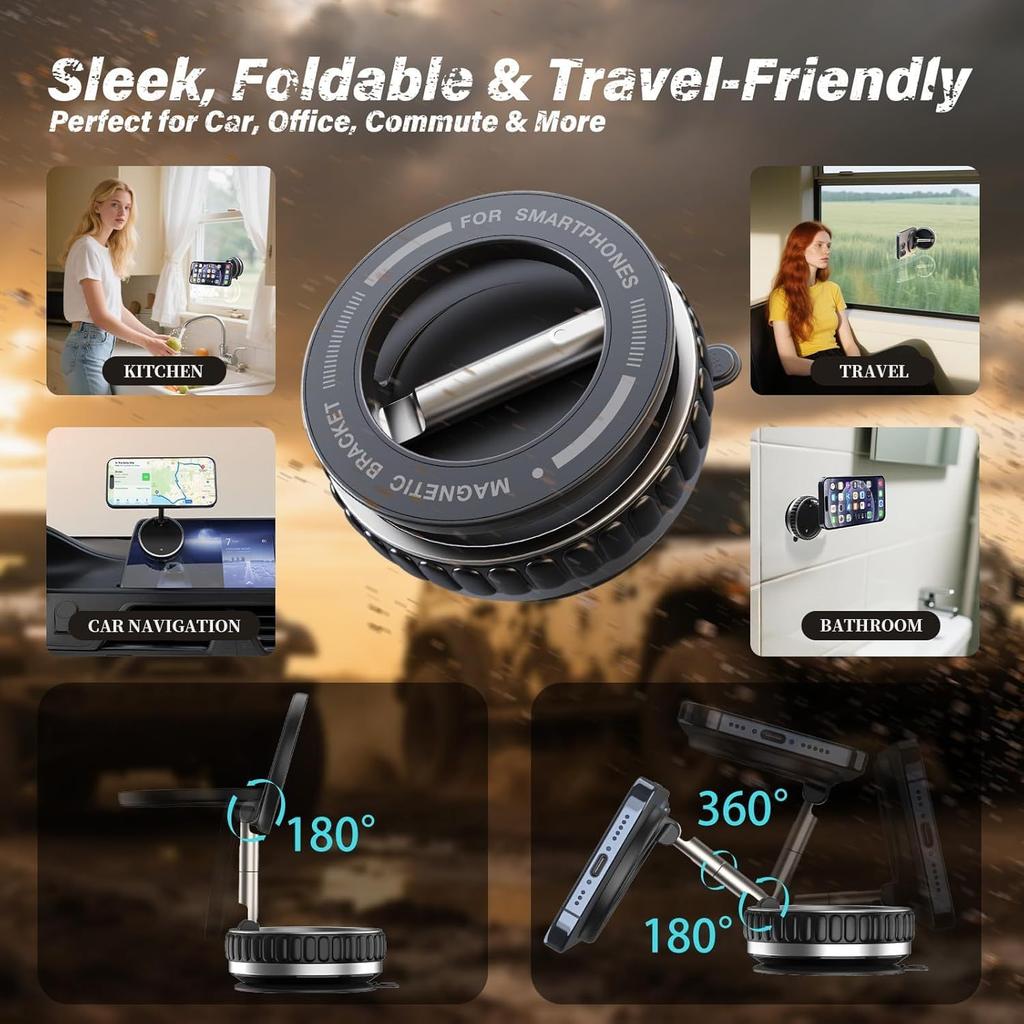 2026 Upgraded Vacuum Magnetic Car Phone Holder 360° Reinforced 96LBS Ultra Suction Cup Phone Holder, N52 Strong Magnet