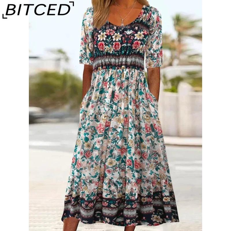 BITCED Summer Women s O-Neck Short-Sleeved Long Dress with Floral Print S