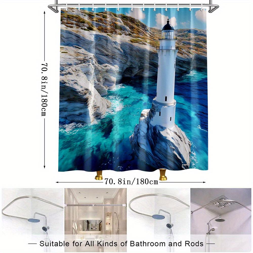 1pc Coastal Lighthouse Shower Curtain - Vibrant Ocean Scene with Rocky Cliffs & Turquoise Waters, Durable Polyester Fabric,