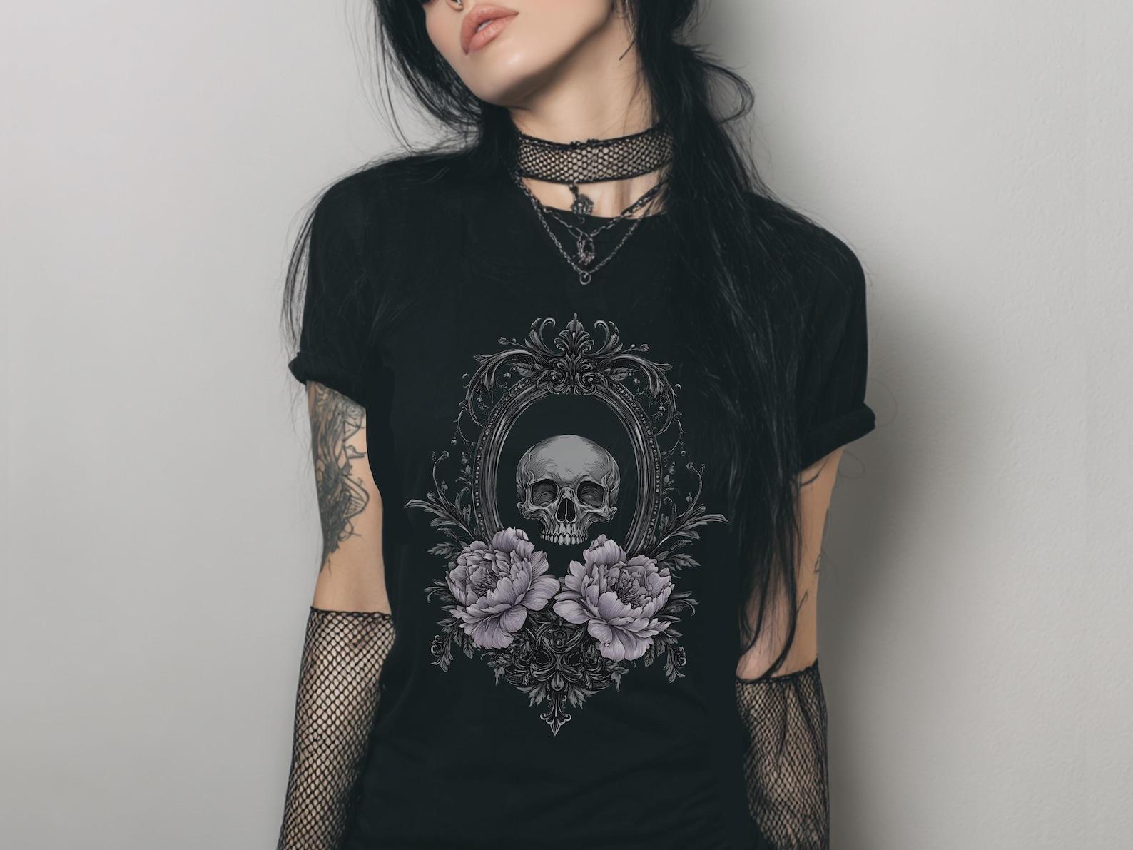 Victorian Skull Fitted Graphic T-Shirt, Y2K Pastel Goth Shirt, Emo Whimsigoth Clothing, Coquette Gothic Clothes, Witchy Goth Gift For Her 4XL