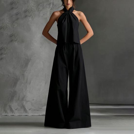 Women's Summer 2 Piece Outfits Backless Halter Sleeveless Top And Wide Leg Pants Sets Casual Vacation Matching Lounge Set