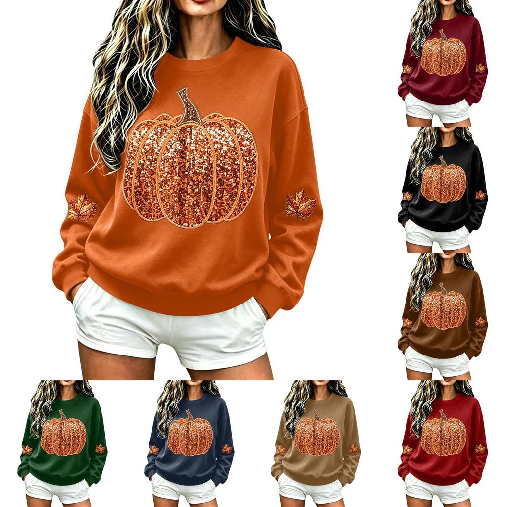 Women's Casual Neck Halloween Top with Sequin Pumpkin Print, Festive Holiday Shirt