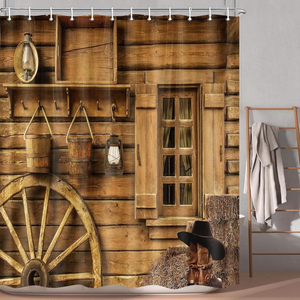 Rustic Western Barn Door Shower Curtains,Cowboy Hat Boot Farmhouse Decor Curtain Sets for Bathroom, Fabric Waterproof Vintage Wo