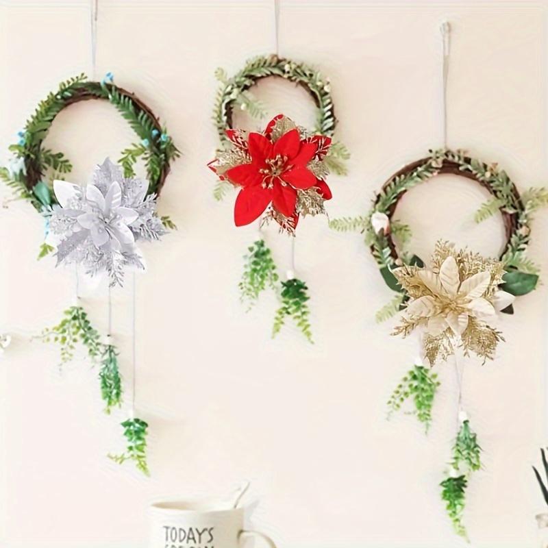 Artificial Flowers with Glittering Double Layer Layered Tree Decorations with Lush Green Foliage New Year Tree Toppers Reusable Holiday Decorat
