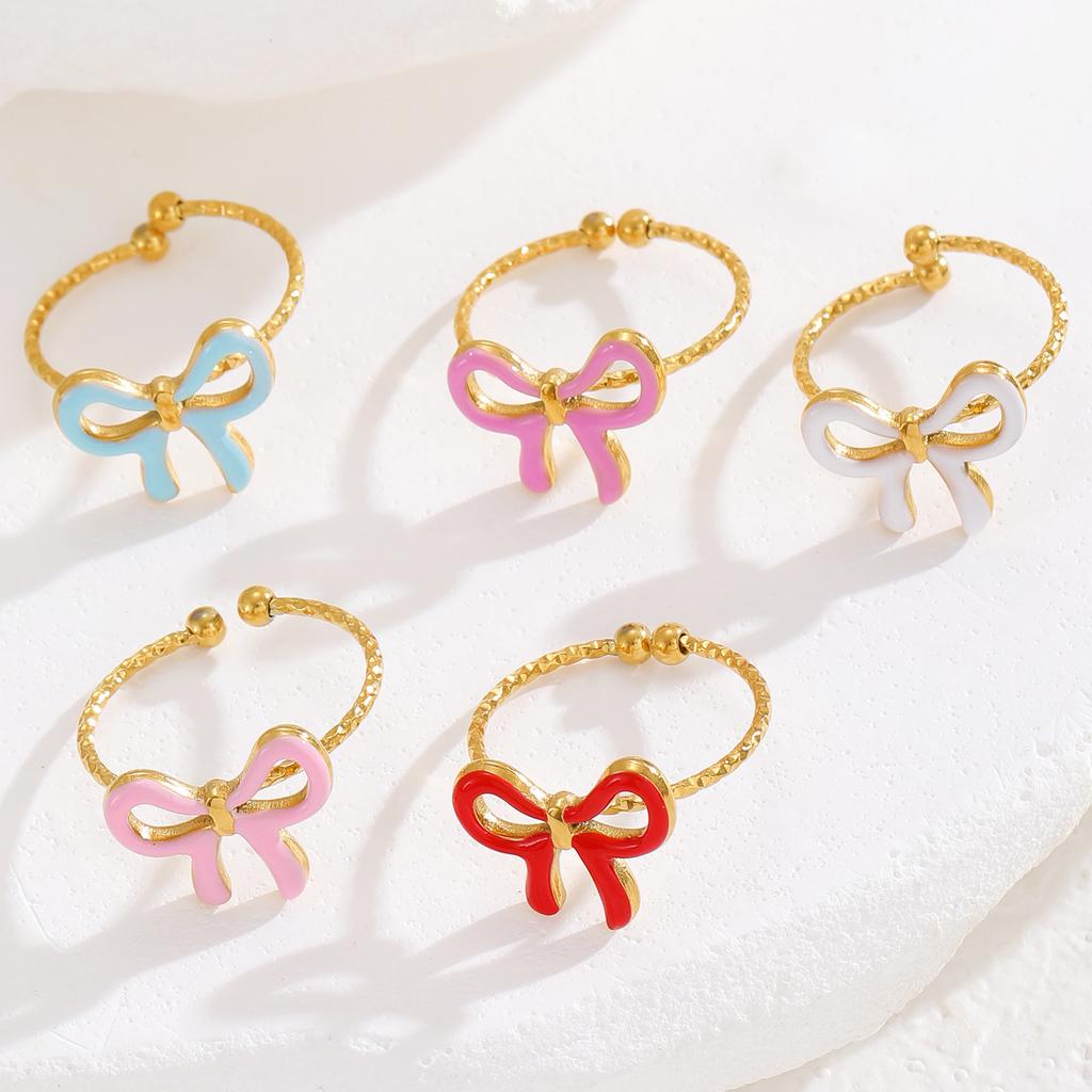 High Quality Fashion Popular Dopamine Drip Bow Ring Niche Design Popular Stainless Steel Ring Wholesale