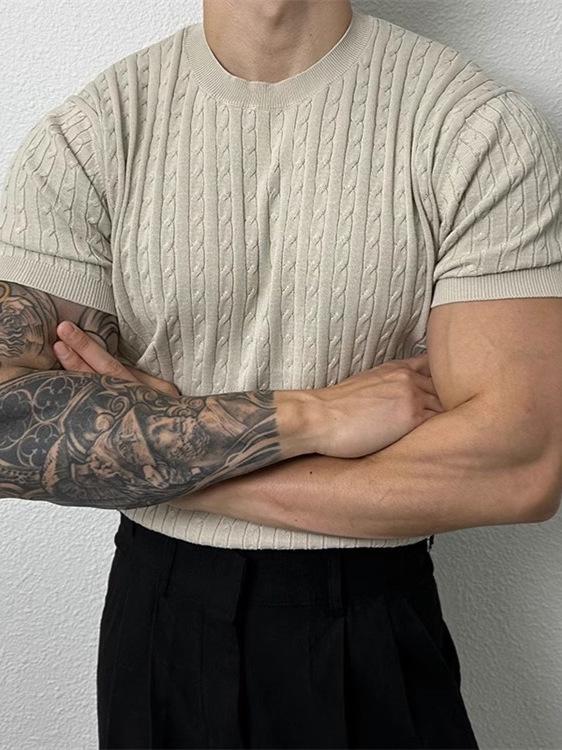 Men's Loose Fit Summer Cable Knit Crew Neck Short Sleeve T-shirt