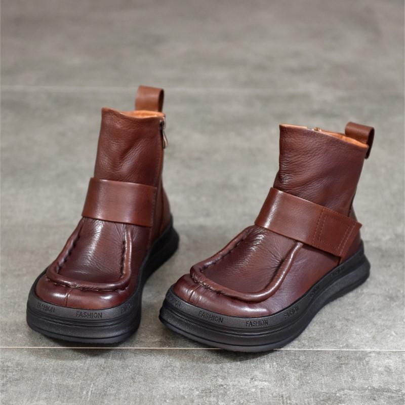Johnature Vintage Genuine Leather Handmade Shoes Round Toe Short Boots Casual Versatile Women's Shoes