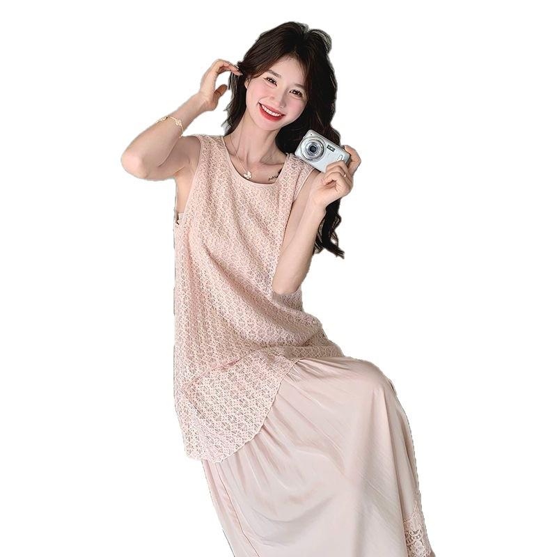 Plus Size Slimming French Style Lace Patchwork Two-Piece Tank Dress for Women