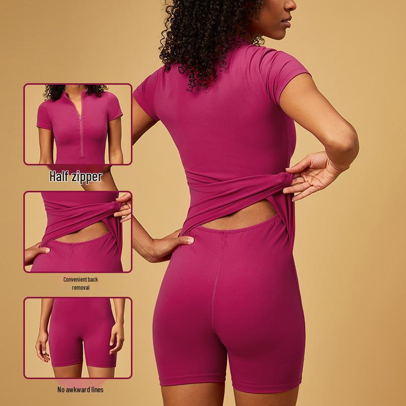 European-American Zipper Nude Feeling Short Sleeve Yoga Bodycon Jumpsuit