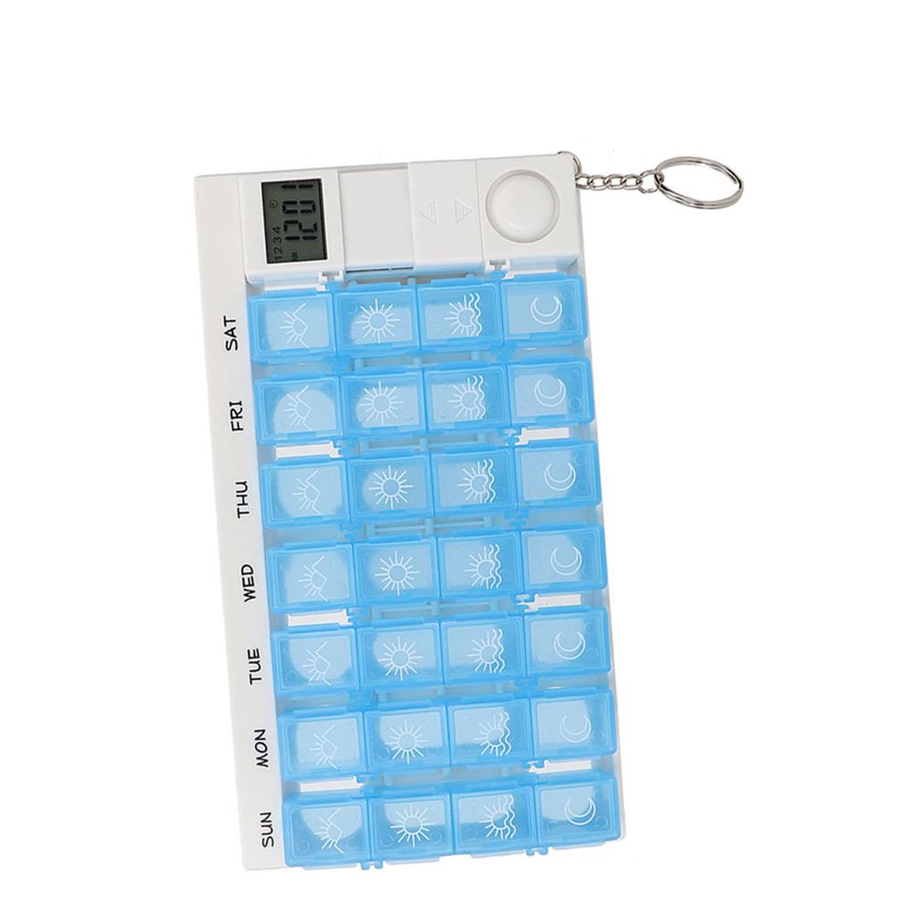 28 Fächer Wöchentlich Tragbare Medizin Tabletten Pillen Süßigkeiten Aufbewahrungsbox Organizer Etui mit Erinnerung Blau