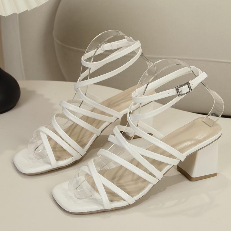 

New square head thin strap buckle thick heel sandals women s large size fashion open-toed sexy cool slippers 43 белый