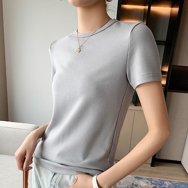 Round Neck Casual Short-sleeved T-shirt for Women's Solid Color New Mercerized Cotton Simple Slim and Versatile Top Loose