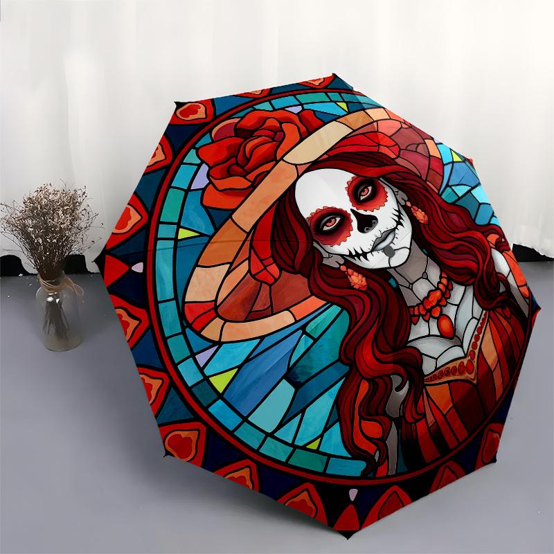 Day of the Dead Sugar Skull Stained  DecorUmbrella, Portable 3-Fold Compact Umbrella,Christmas Gift ES664