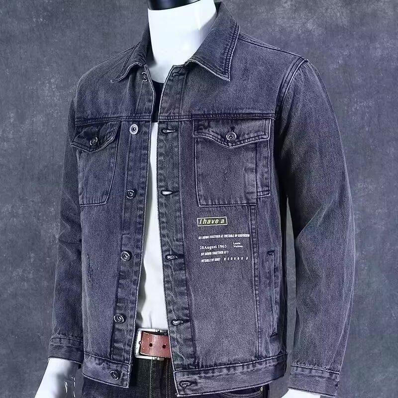 Mens Loose Turn Down Collar Washed Denim Work Casual Jacket Outerwear