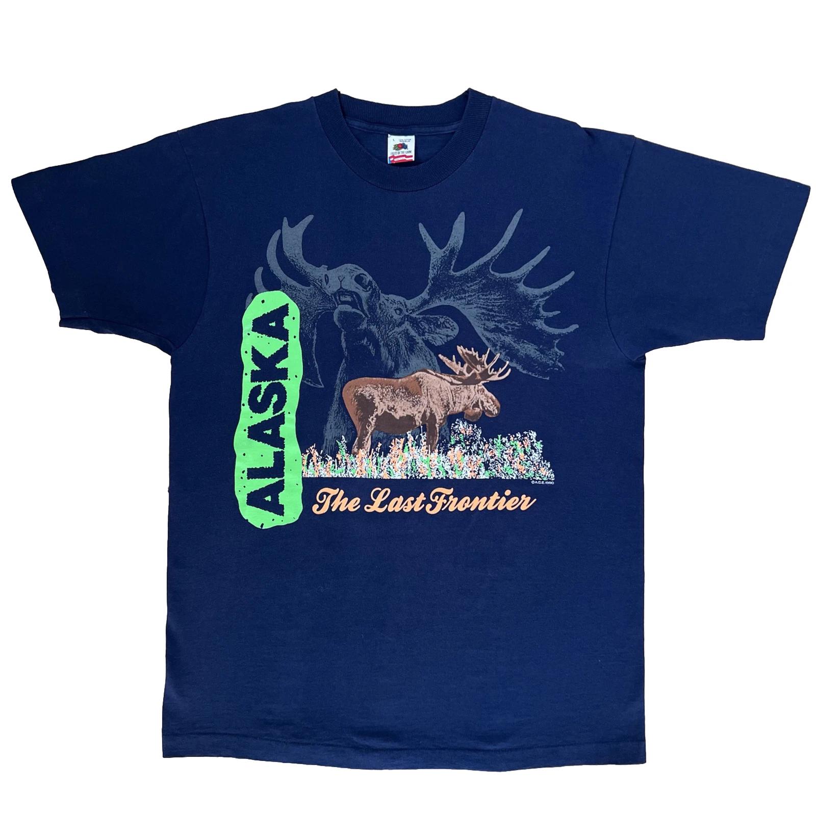 Vintage Alaska Shirt L Blue 90s Nature Outdoors Moose Art The Last Frontier S