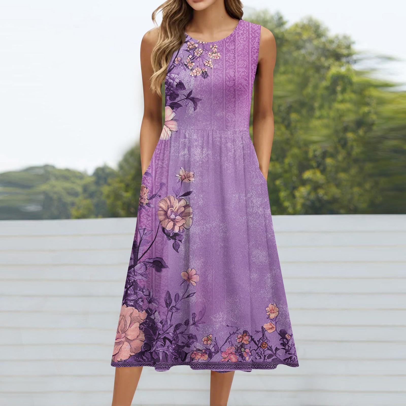Women s Fashionable Printed Round Neck Sleeveless Casual Pullover Pocket Mid Length Dress XL фиолетовый