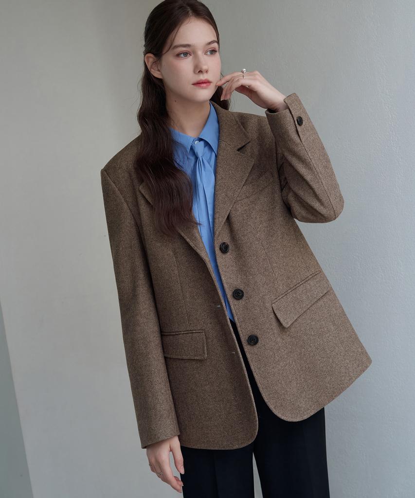 Drawfit Women Diagonal Brush Woolen Single Blazer [Mocha]