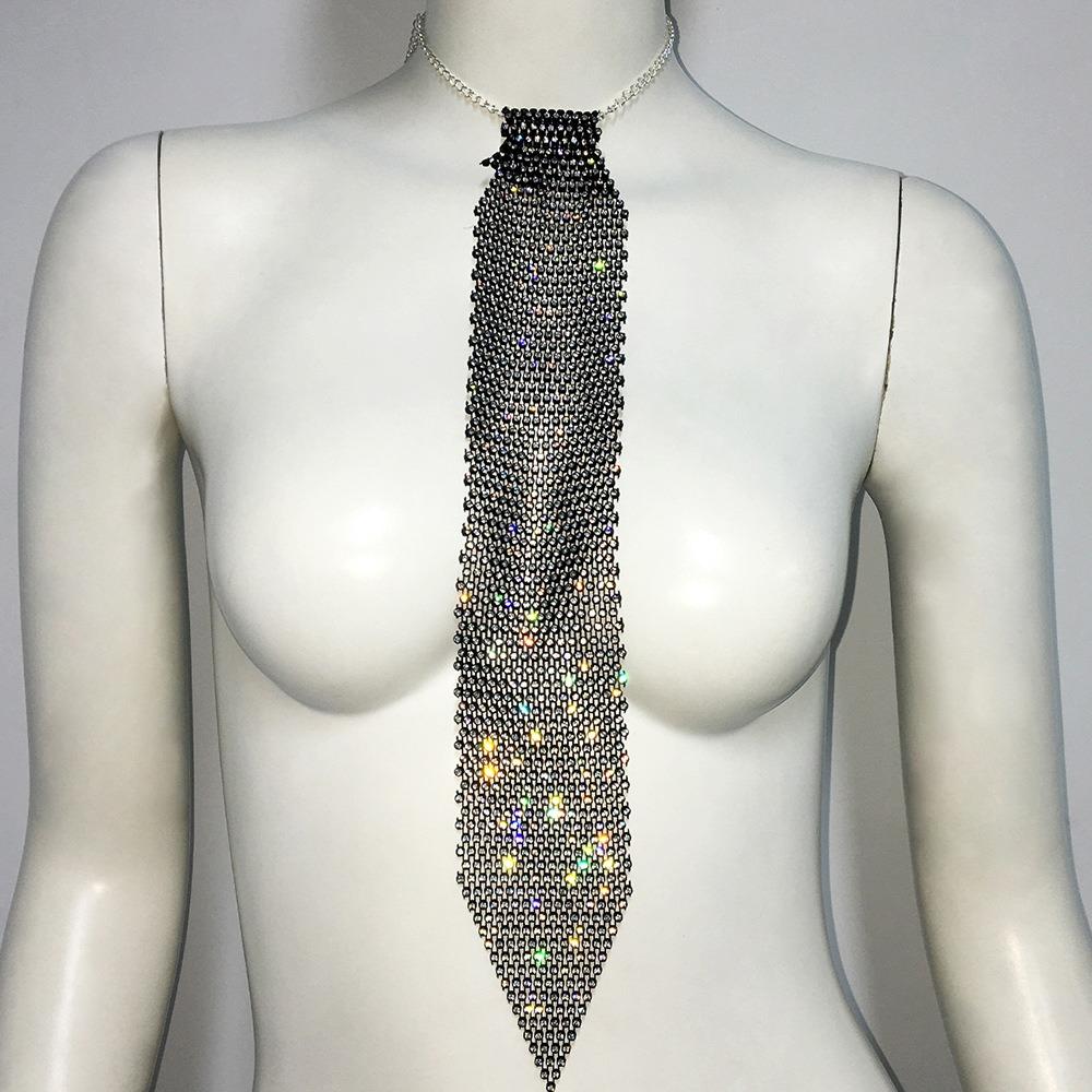 Adjustable Crystal Rhinestone Neck Tie Narrow Glitter Cravat Shiny Metal Sequin Necktie  Party