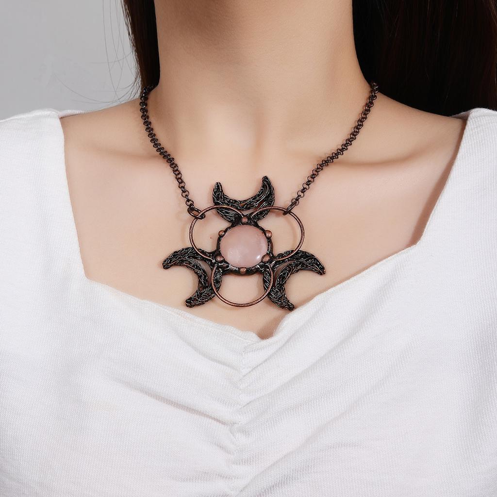 Antique Bronze Plated Natural Crystal Rose Quartz Round Stone Pendants Three Moon Vintage Charms for Jewelry Making Necklaces