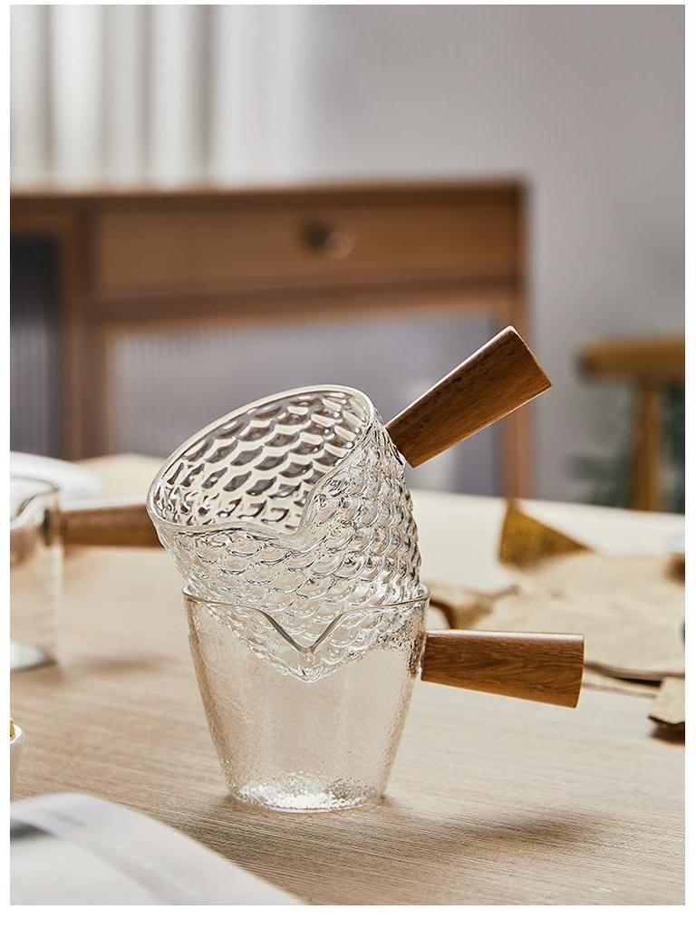 Glass Espresso Bean Measuring Cup with Double Spout, Wooden Handle, and Small Milk Jug