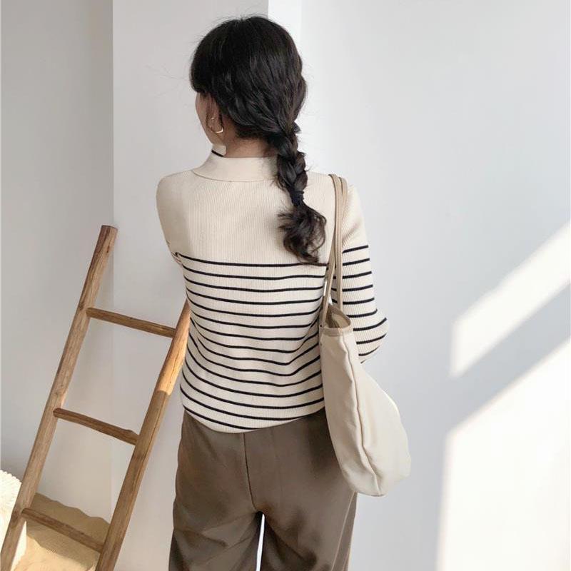 Polo Neck Striped Knitted Cardigan Women's Autumn and Winter Long Sleeve Knitted Warm Coat Sweater