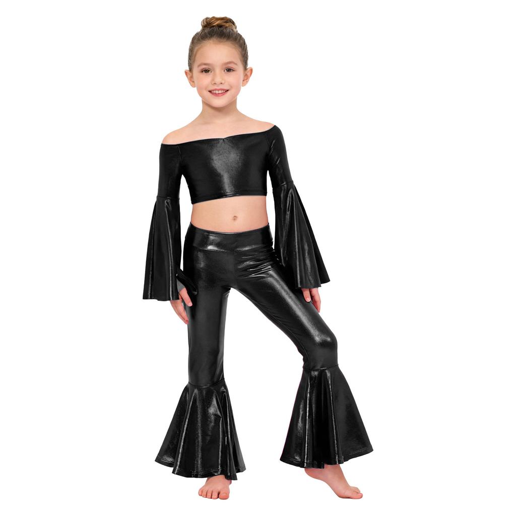 Top Corto Metallico da Ragazza Manica Lunga a Svasatura Scollatura a Barca Pantaloni a Zampa Lucidi Set per Esibizione sul Palco