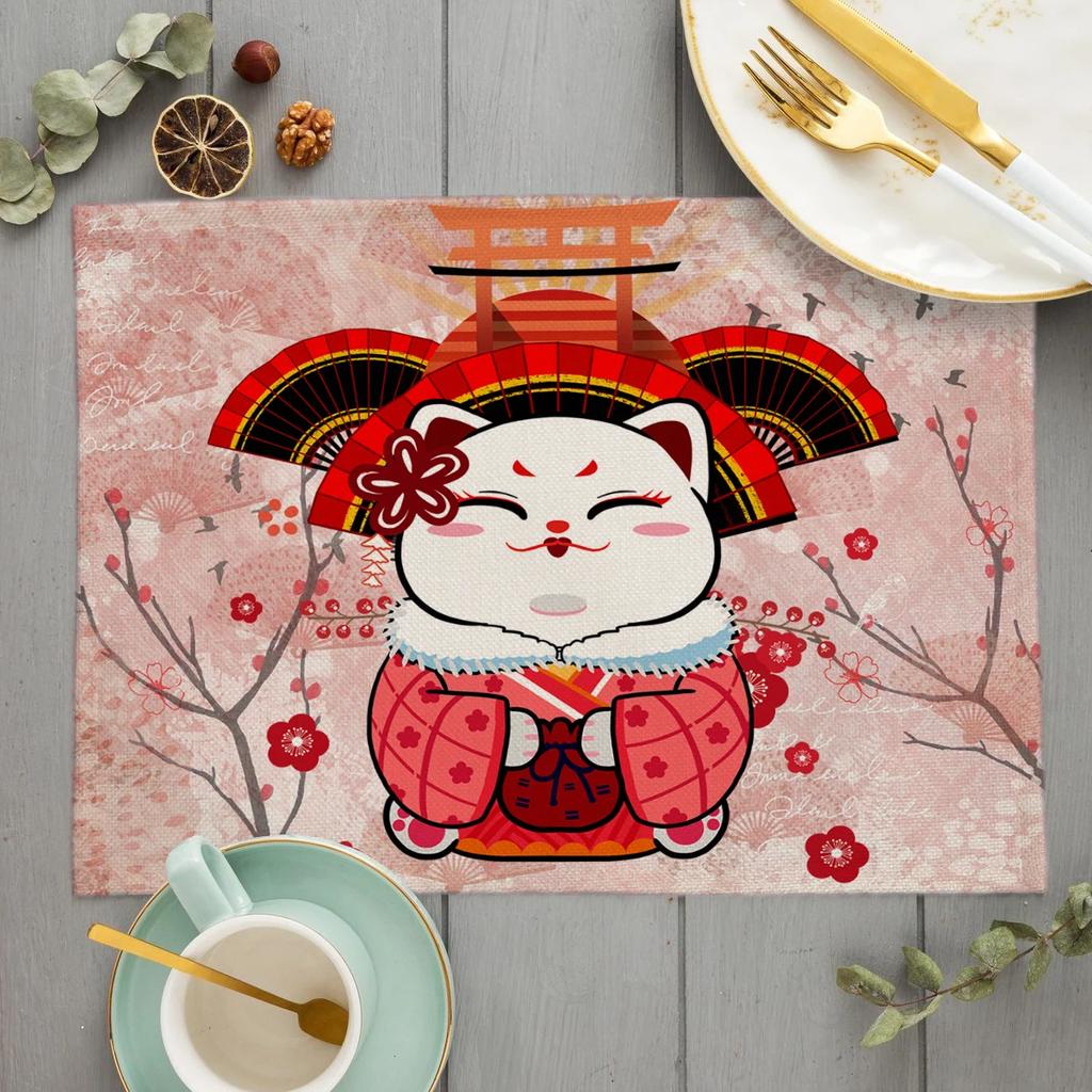 Unique Original Design Cute Plutus cat Placemat Japan Style Eat Udon noodles Table Mat Desktop Pad Cartoon cat Cup Coaster