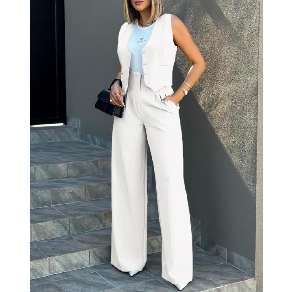 Completo da Donna Primavera Estate Nuovo Monocolore Due Pezzi per Suit Vest alla Moda Pantaloni a Vita Alta Gamba Larga Casual Completo Due Pezzi