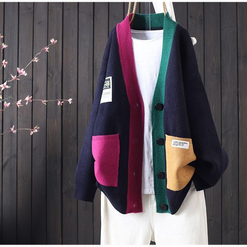 Women Sweaters V Neck Long Sleeved Cardigan Jumpers Knit Patchwork Loose Sweater Thick Spliced Elegant Outwear Pockets