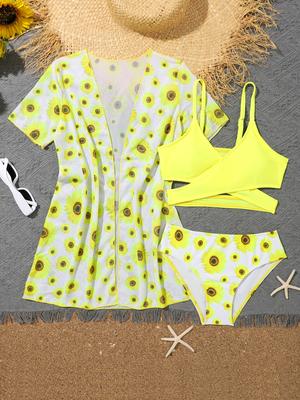 Girls Fashion 3 Pieces  Swimwear Set Printed Top  Short Sleeves  Cover-Up Swimsuit Bathing Suit