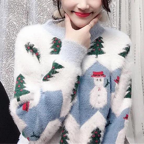 Female Large Size Vintage Loose Print Sweaters Women's Autumn and Winter Sweet Style Knitted Pullover Tops
