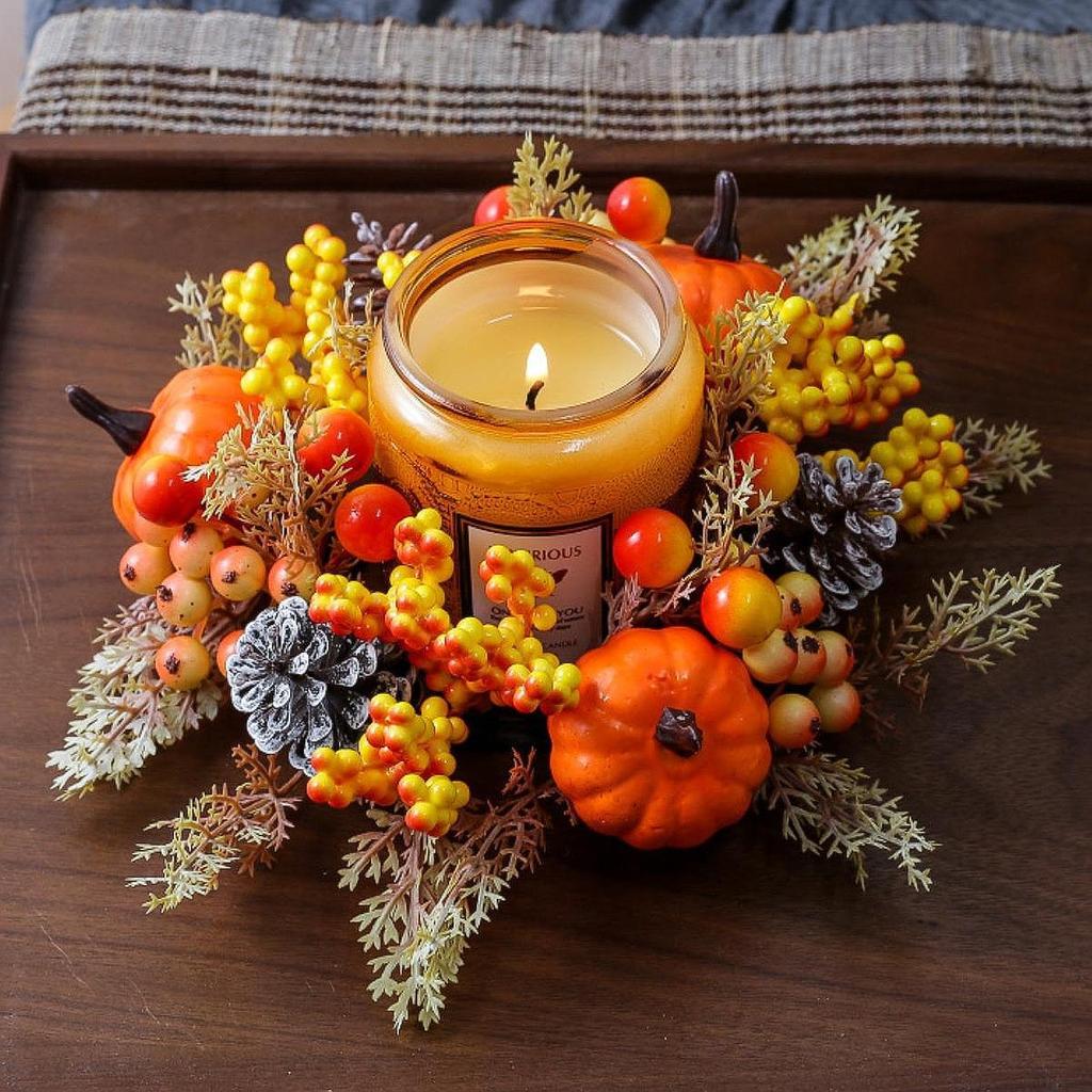 Candle Ring Artificial Wreath Pumpkin Decorative Home Decor Centerpieces Harvest Wreath Farmhouse Holiday Tabletop Living Room