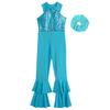 Girls Shiny Sequins Dance Leotard Sleeveless Turndown Collar Zipper O Ring Bell Bottom Design with Hair Band