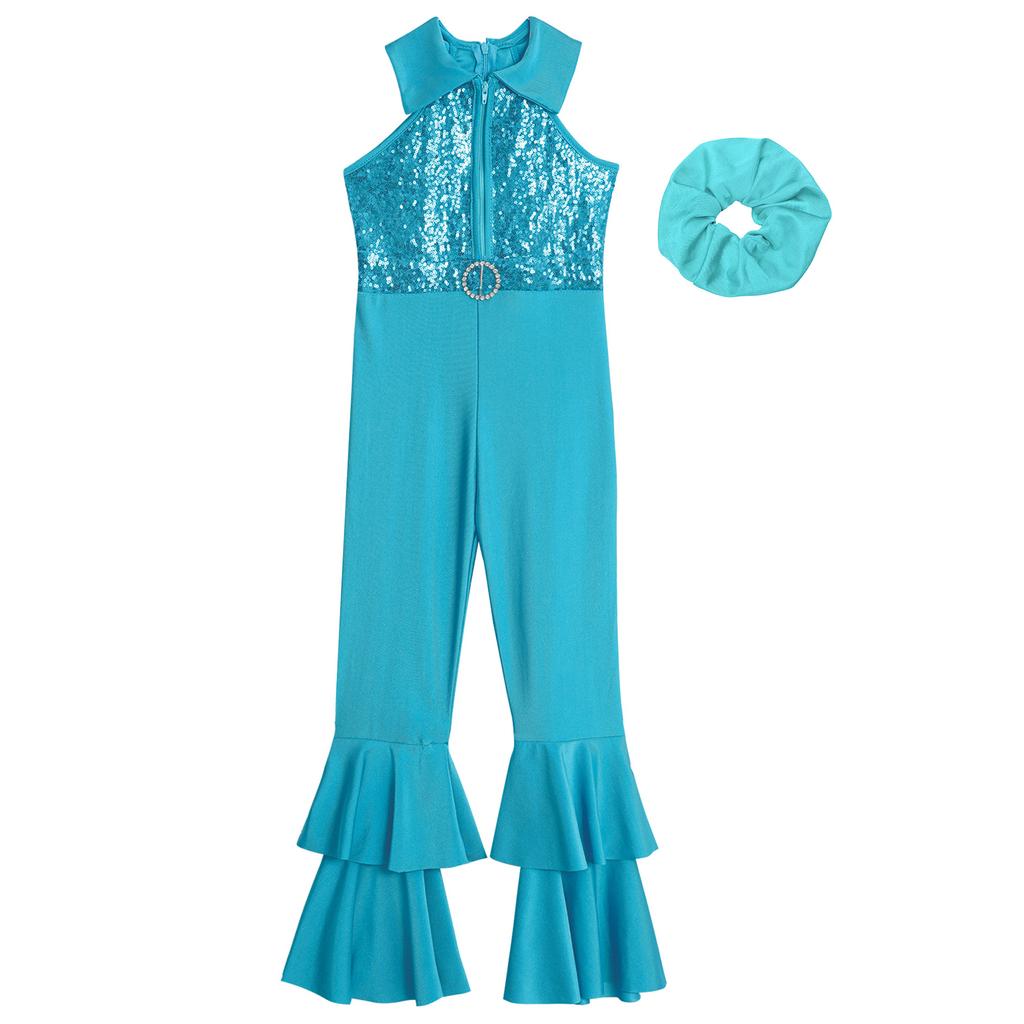 Girls Shiny Sequins Dance Leotard Sleeveless Turndown Collar Zipper O Ring Bell Bottom Design with Hair Band