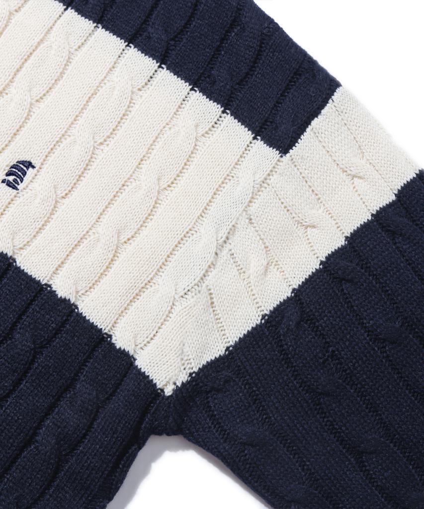 TRILLION Washable Boat Embroidery Cable Crew Neck Knit (Navy Stripe)