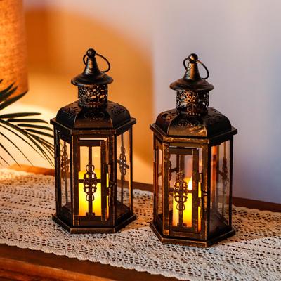 JHY DESIGN Decorative Candle Lanterns, Set of 2, 25cm Tall, Vintage Hanging Lanterns with Metal Candle Holders, Indoor/Outdoor/Home Party/Wedding (Bla