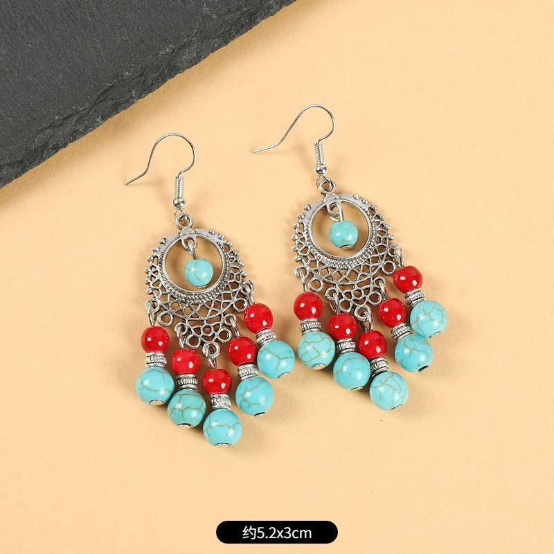 Retro ethnic style fringed earrings blue and red simple long bohemian earrings vacation style women's Tibetan silver earrings