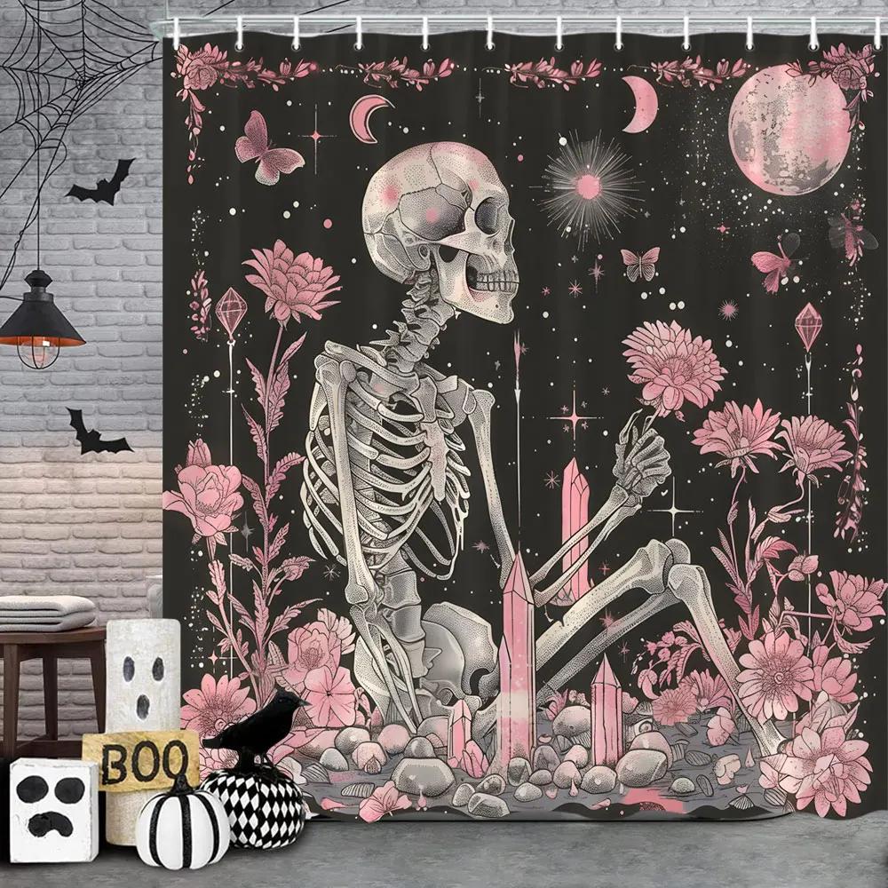 Scary Halloween Shower Curtain Vintage Skulls Eagles Pumpkins Roses Boho Polyester Fabric Bath Curtain Bathroom Decor with Hoo