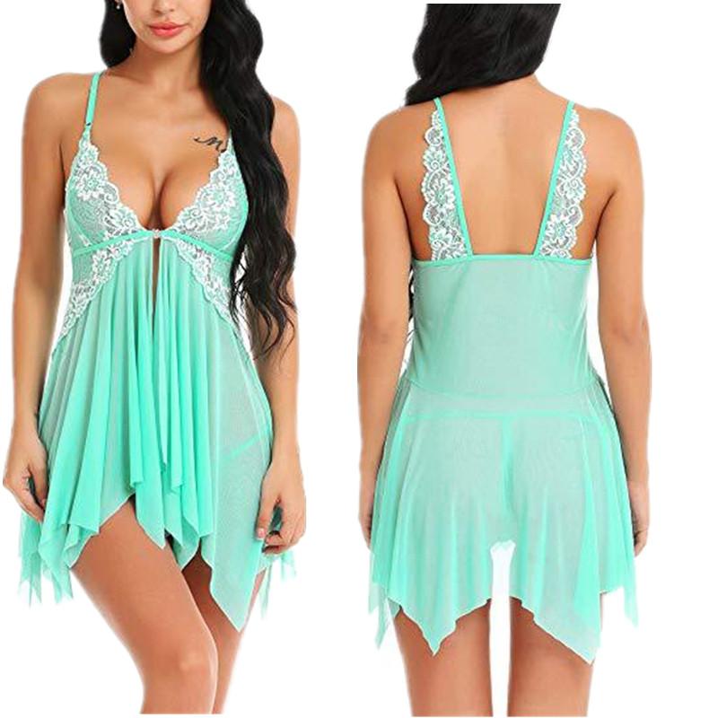 S-3XL Plus Size Fashion Nightgown Women Lace Nightdress Lingerie Dress Front Split Babydoll Deep V Neck Sleepwear Nightwear Asymmetric Sleepwear
