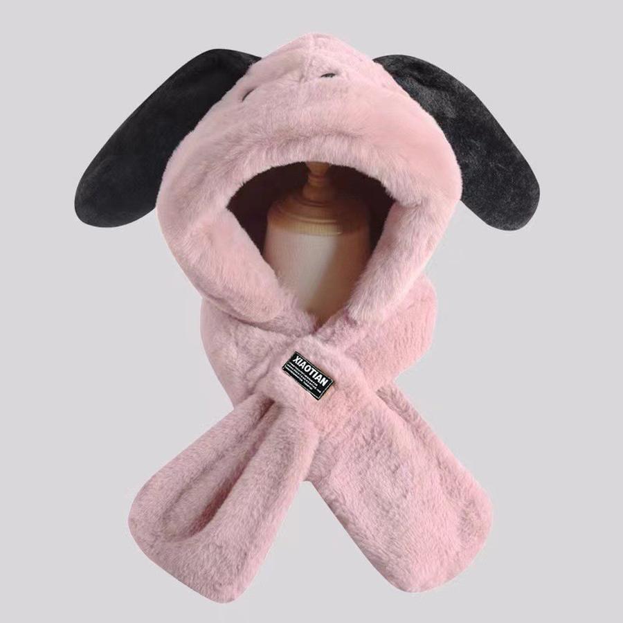 Cute Shiba Inu Long Ear Plush Winter Hat Scarf Set for Girls, Warm Two-Piece Cartoon Outfit