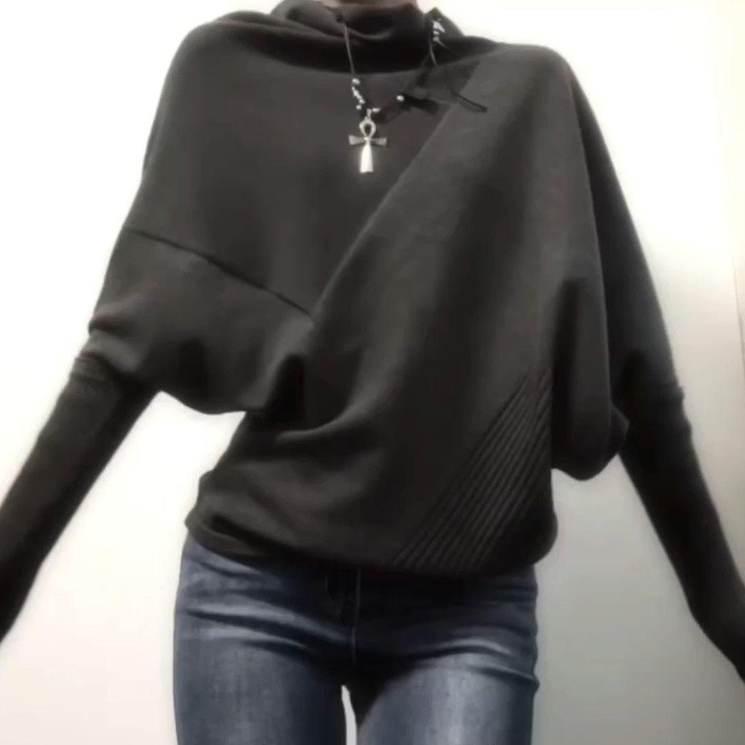 

Корейский асимметричный вязаный свитер с рукавами «летучая мышь» и драпированным воротом для осени и зимы M [For 90-105 kg]